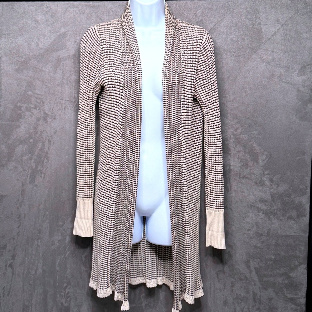 Vtg Y2K Eddie Bauer Cardigan Sweater Women XS Cream Brown Open Front 100% Cotton